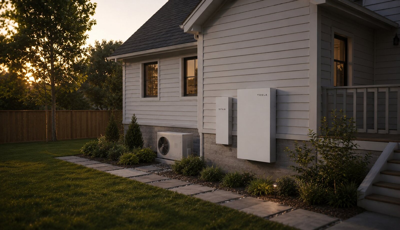 A pre-positioned home at twilight showing SPAN smart panel, whole-home battery, and outdoor compute node footprint